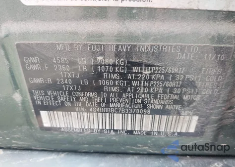 2011 Subaru Outback 2.5I Premium from USA, damaged, VIN 4S4BRBBC7B3370098